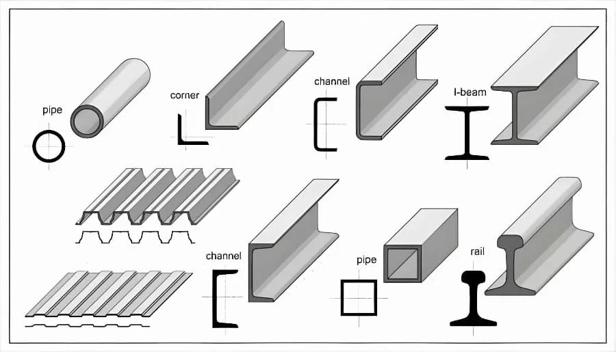 7. Metal Rolled Products Profiles And Isometric View. Steel Beam, Pipe, Rail, Girder, Construction Barss, Corner, Square, Round Tube. Aluminum Elements For Metalwork