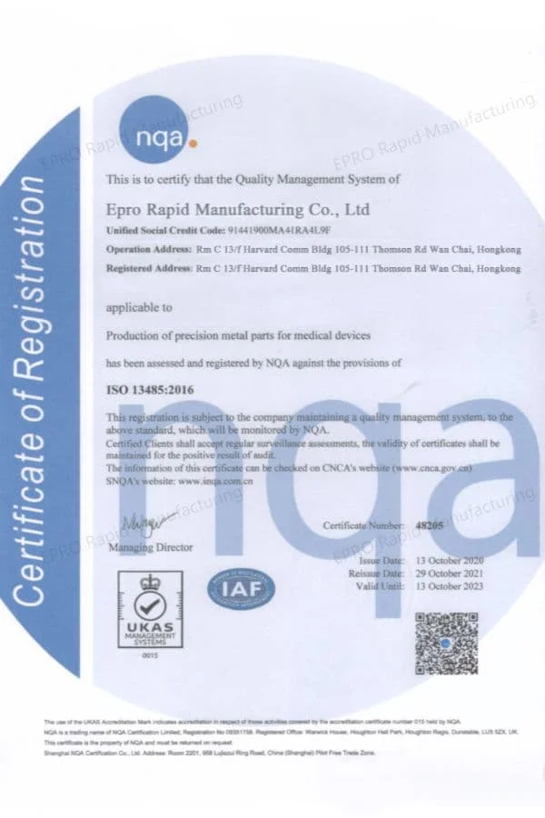 Epro Mfg Iso 13485 Certificate