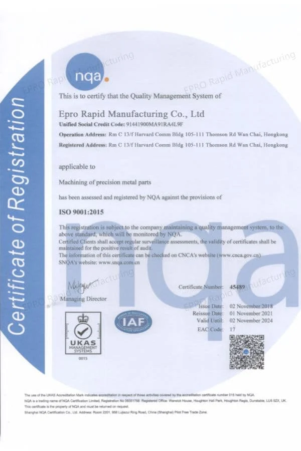 Epro Mfg Iso 9001 Certificate