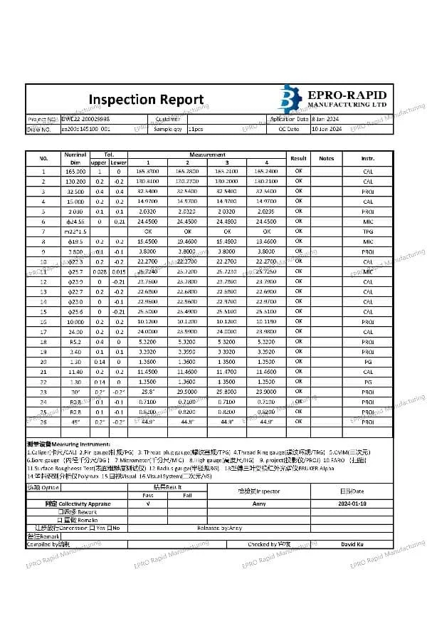 Epro Mfg Inspection Report